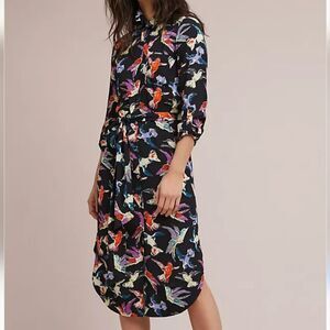 Anthropologie Maeve Martina Songbirds Midi Dress Button Front Tie Waist Novelty